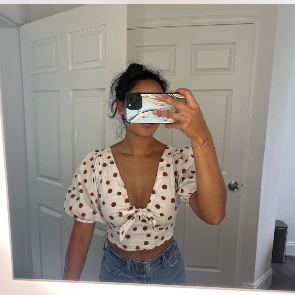Abercrombie & Fitch White Brown Tie Front Crop Blouse